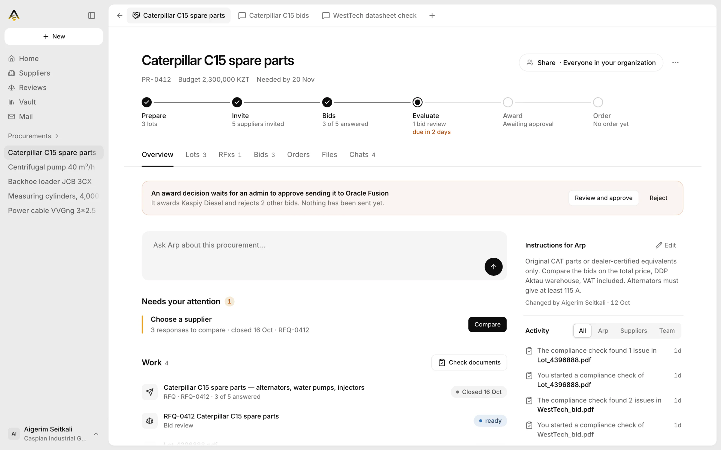 A procurement opened in Arp: Caterpillar C15 spare parts at the evaluation step with 3 of 5 bids in, an award to Kaspiy Diesel waiting for approval, the next step to choose a supplier, and recent activity.